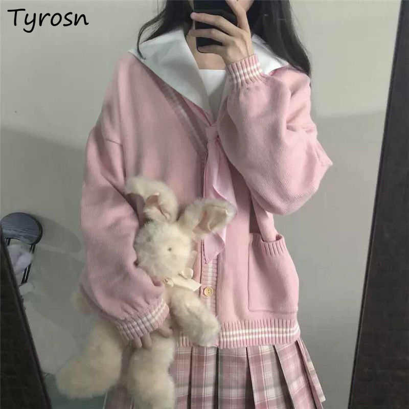 Women Cardigans V-neck Single Breasted Coats Knitted Kawaii Preppy Style Schoolgirl Tender Sweet Loose Casual All-match Sweaters alx