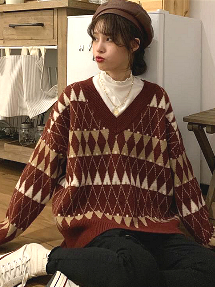 Sweaters Women Vintage Argyle Korean All-match Chic V-Neck Ladies Pullovers Student Lazy Style Popular Winter Womens Sweater New alx