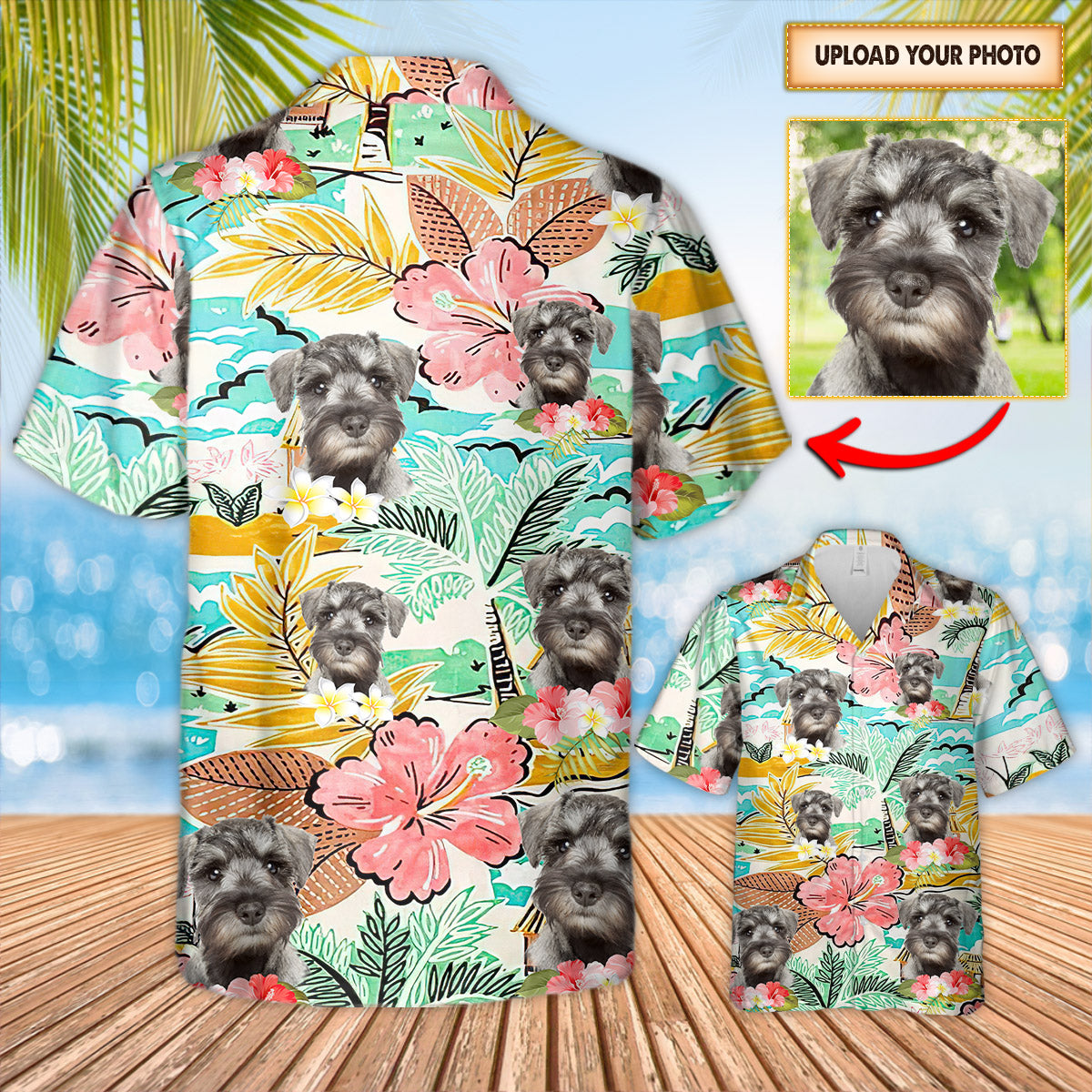 Personalized Love Miniature Schnauzers Tropical Background And Custom Photo 3D All Over Print Hawaiian Shirts For Miniature Schnauzer Lovers Ht95 Vr1