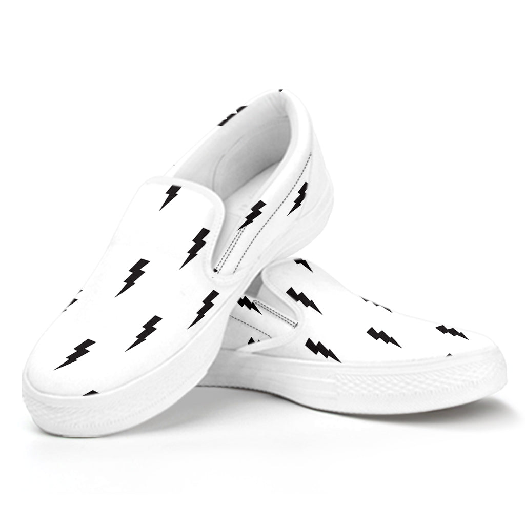 White And Black Lightning Pattern Print White Slip On Shoes