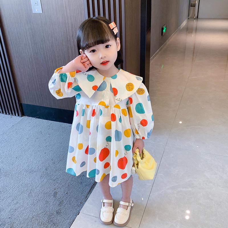 2022 New Spring Kids Clothes Girls Colorful Dot Pattern Big Lapel Princess Dress Children Toddler Girl Costume Flower Dresses alx