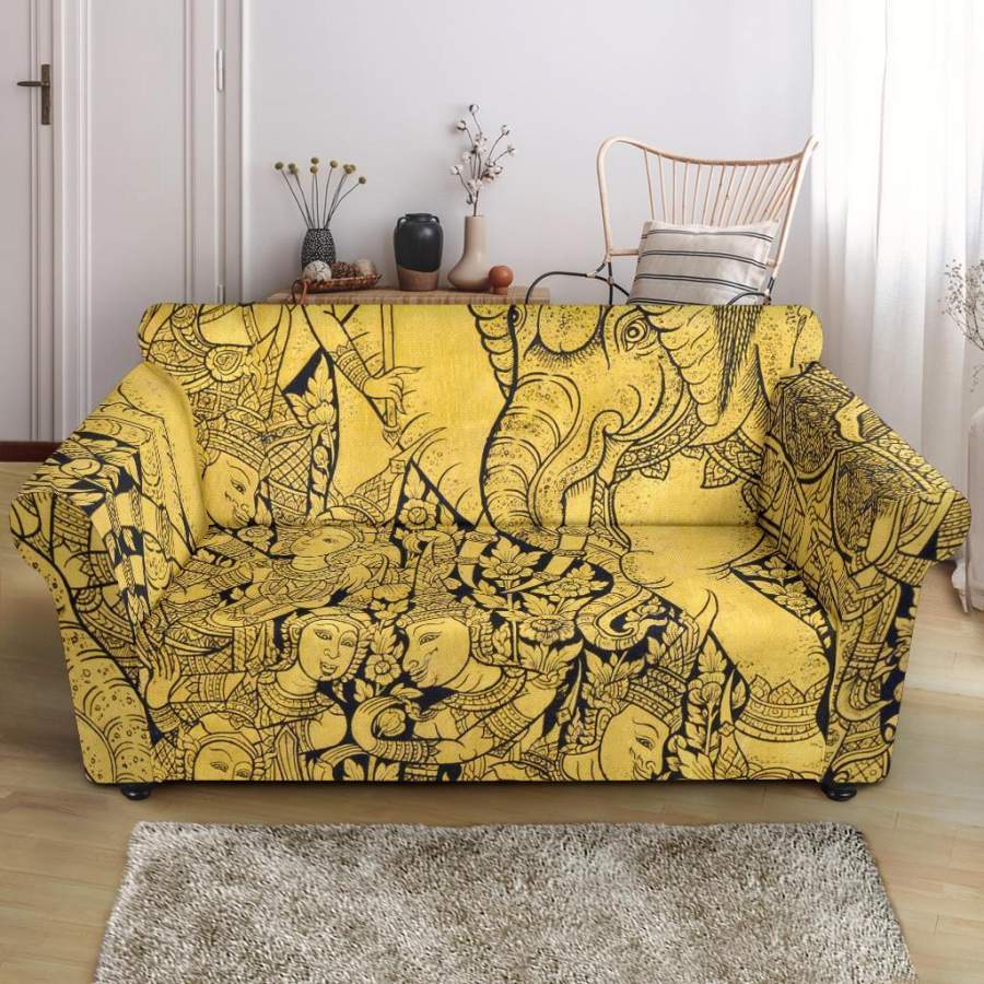 Thai Golden Elephant Print Loveseat Cover