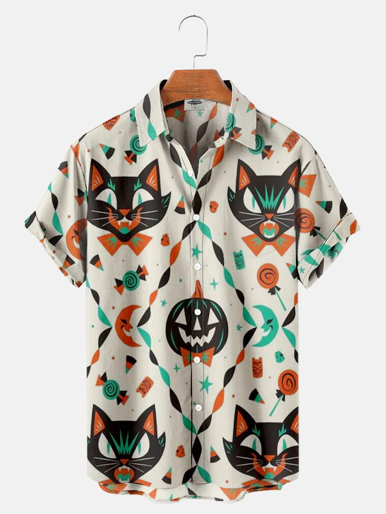 Men’S Halloween Ghosts Cats Print Shirt, Halloween Shirt