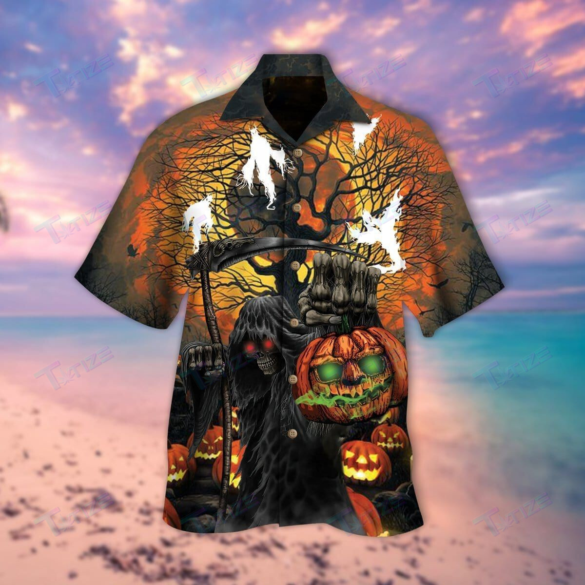 Skull Pumpkin And Ghost Halloween All Over Printed Hawaii Shirt Size S Ha35466