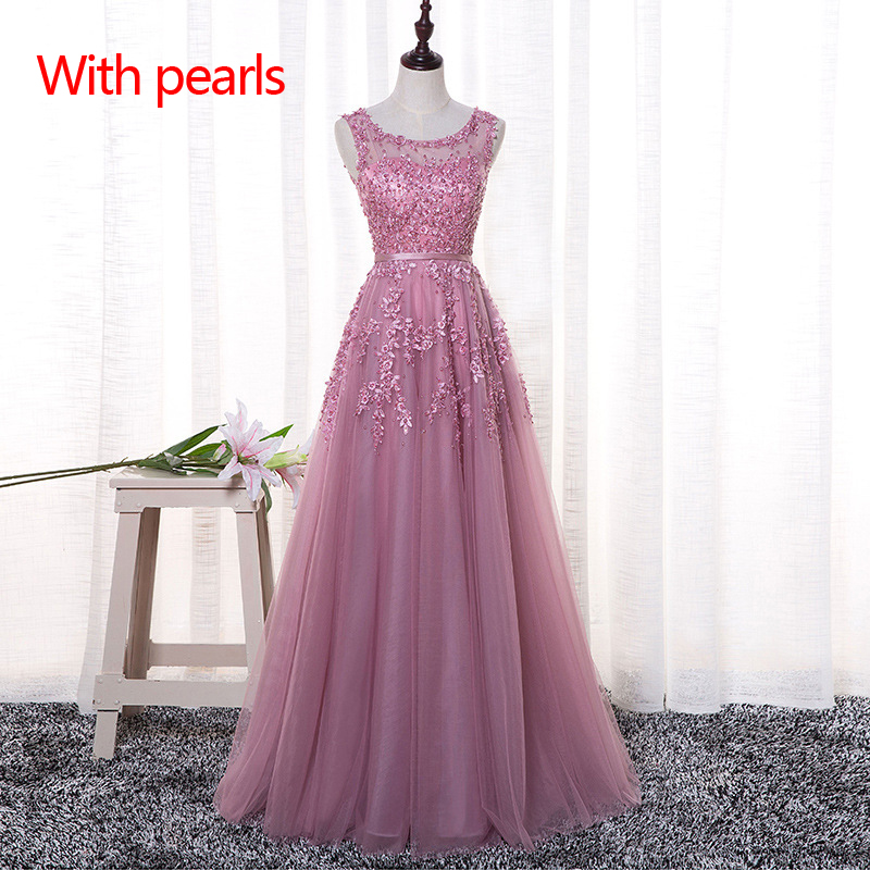 Beauty-Emily Women Evening Dresses 2022 Long Beading Prom Gowns Tulle Party Dress Lace Pearls Sleeveless Vestido de noche Zipper alx