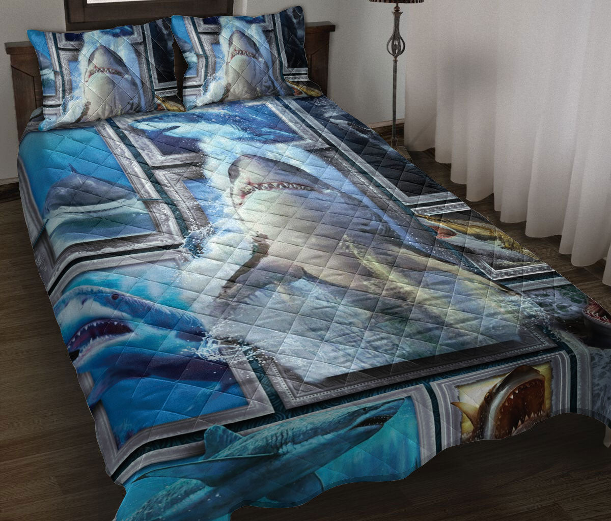 Shark Quilt Set, Shark Frame Patchwork Floral Ocean Quilt Blanket With Pillowcases, Quilt Bedding Set