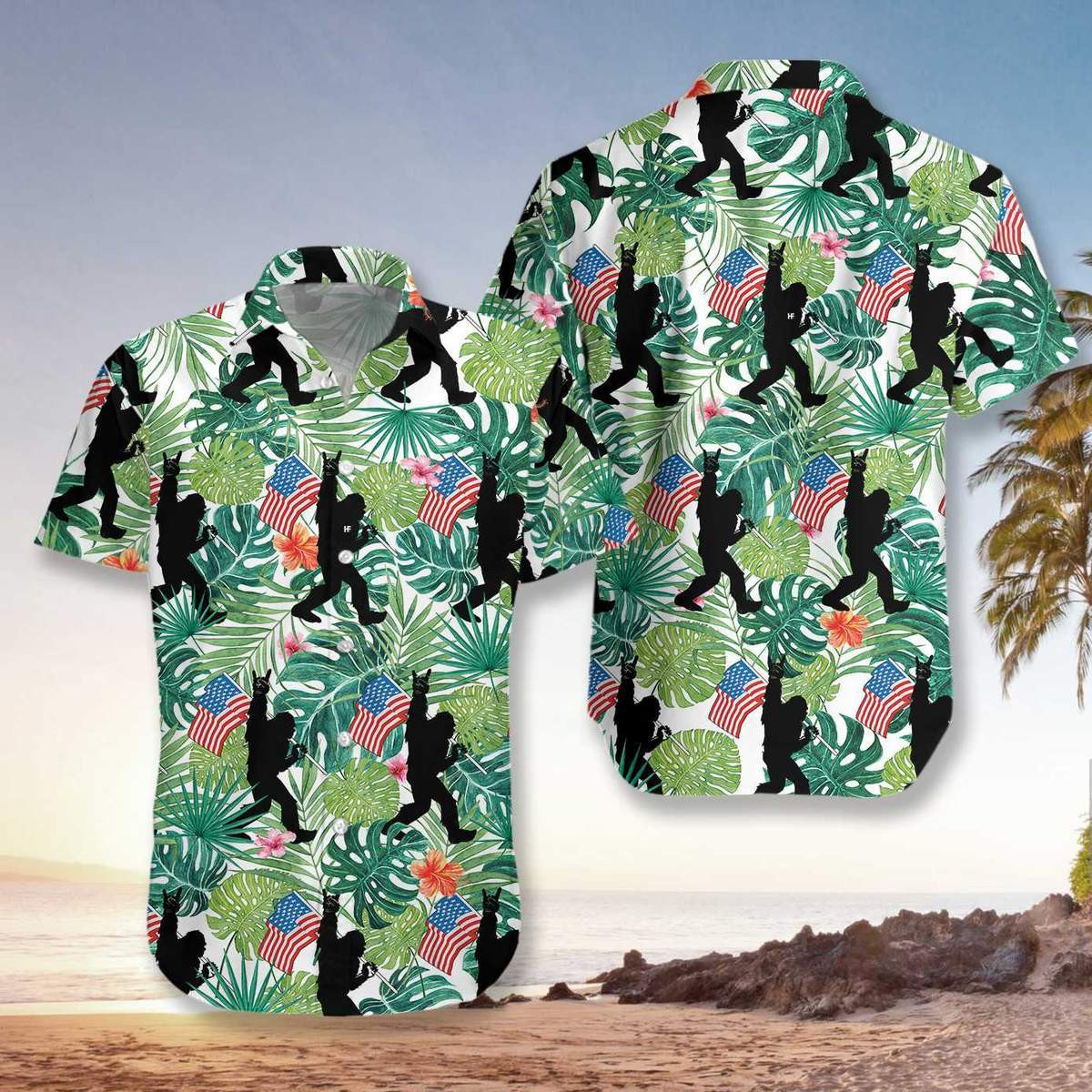 Hawaii Aloha Shirts Bigfoot Hold Usa Flag Ha99767