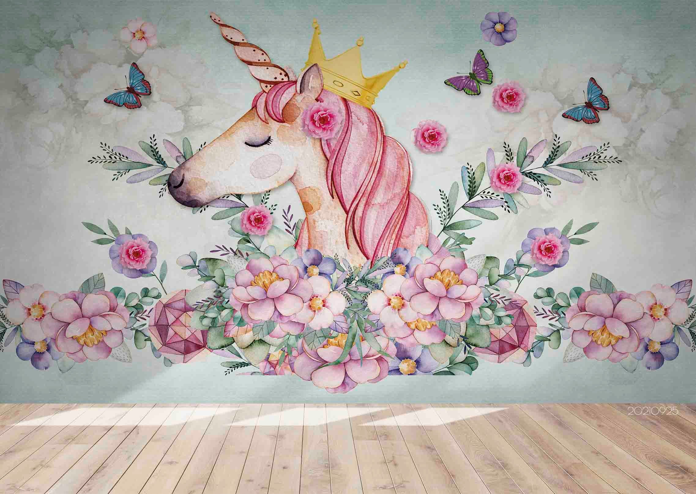 3D Cartoon Animal Unicorn Floral Wall Mural Wallpaper Lqh 265