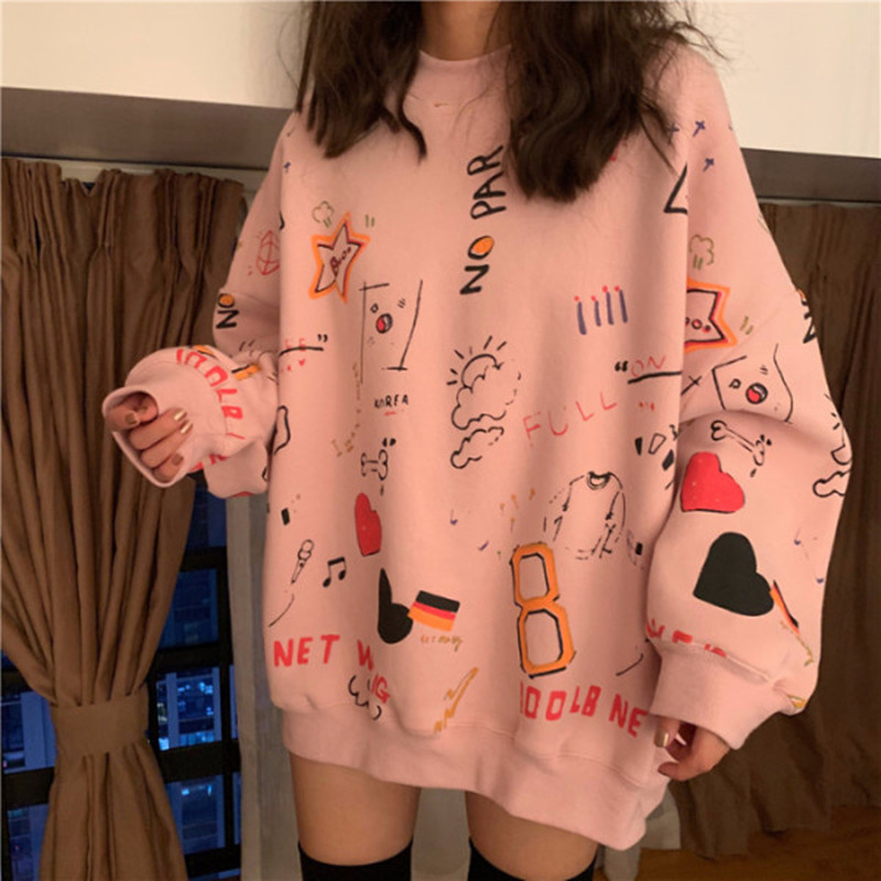 Women No Hat Hoodies Casual Streetwear Long Sleeve Casual Simple Chic Hipsters Pullover Graffiti Sweatshirts O-neck Tops alx