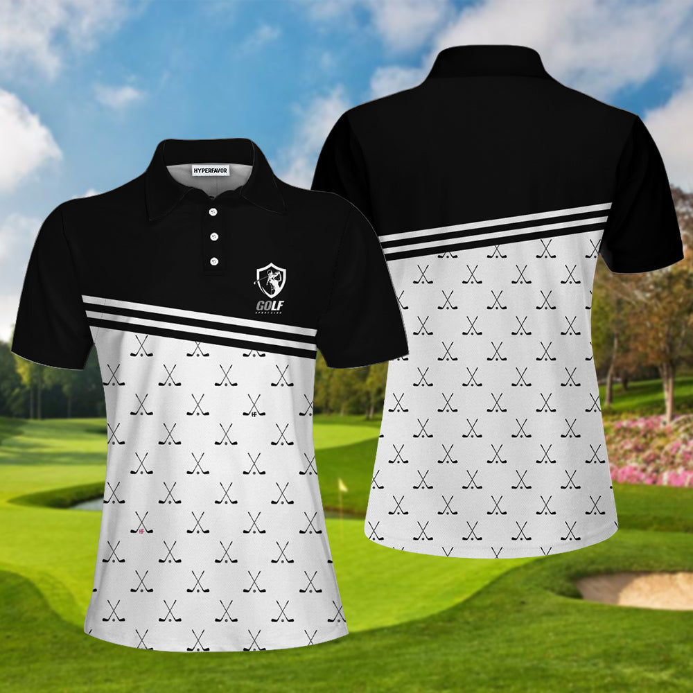 Crossed Black Golf Clubs Golf Short Sleeve Women Polo Shirt, Black And White Golf Shirt For Ladies Coolspod