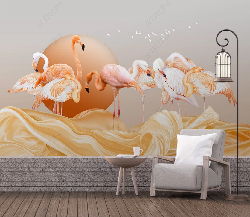 3D Hand Drawn Animal Flamingo Wall Mural Wallpaper Lqh 126