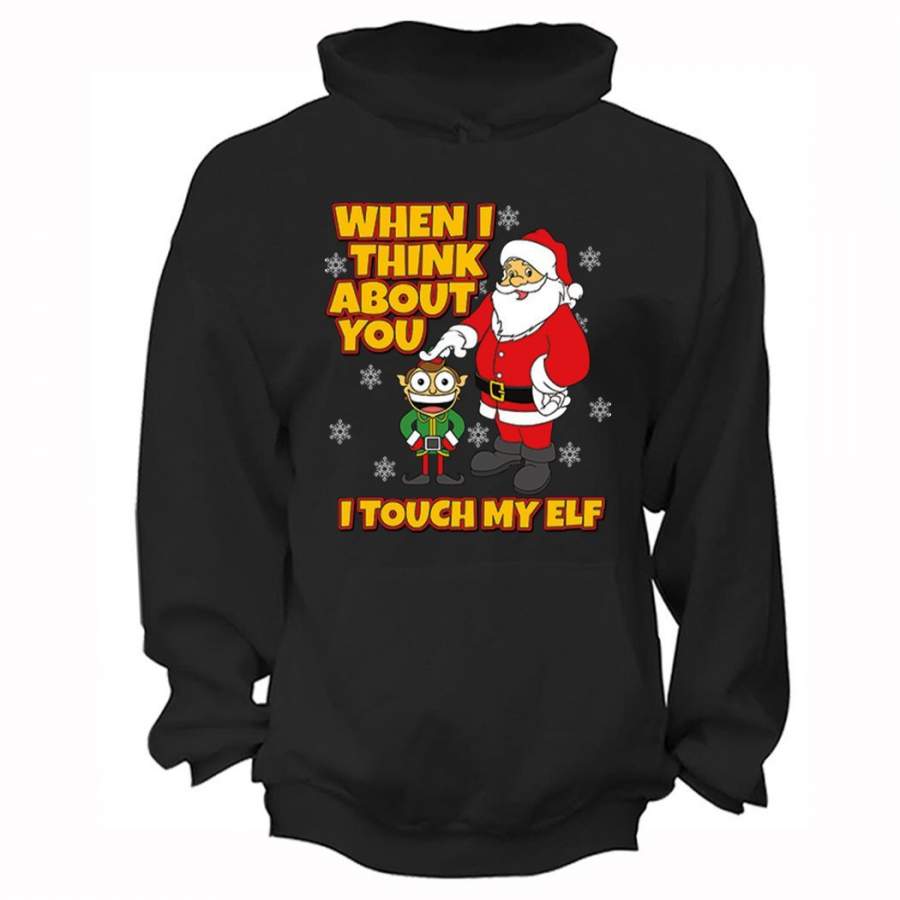 XtraFly Apparel Men’s Think About You I Touch My Elf Ugly Christmas Hooded-Sweatshirt Pullover Hoodie