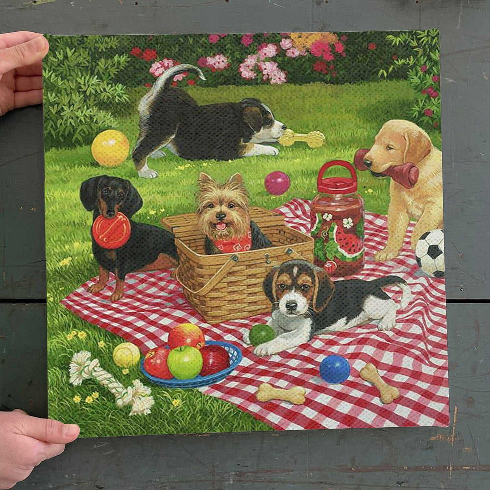 Dog Square Canvas – Puppy Picnic – Dog Canvas Print – Dog Canvas Art – Canvas With Dogs On It – Furlidays