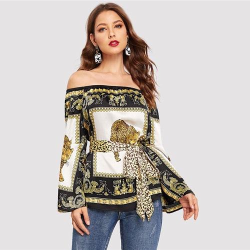 Scarf And Animal Print Off Shoulder Satin Blouse With Belt Women Summer Elegant Split Flare Long Sleeve Tops and Blouses