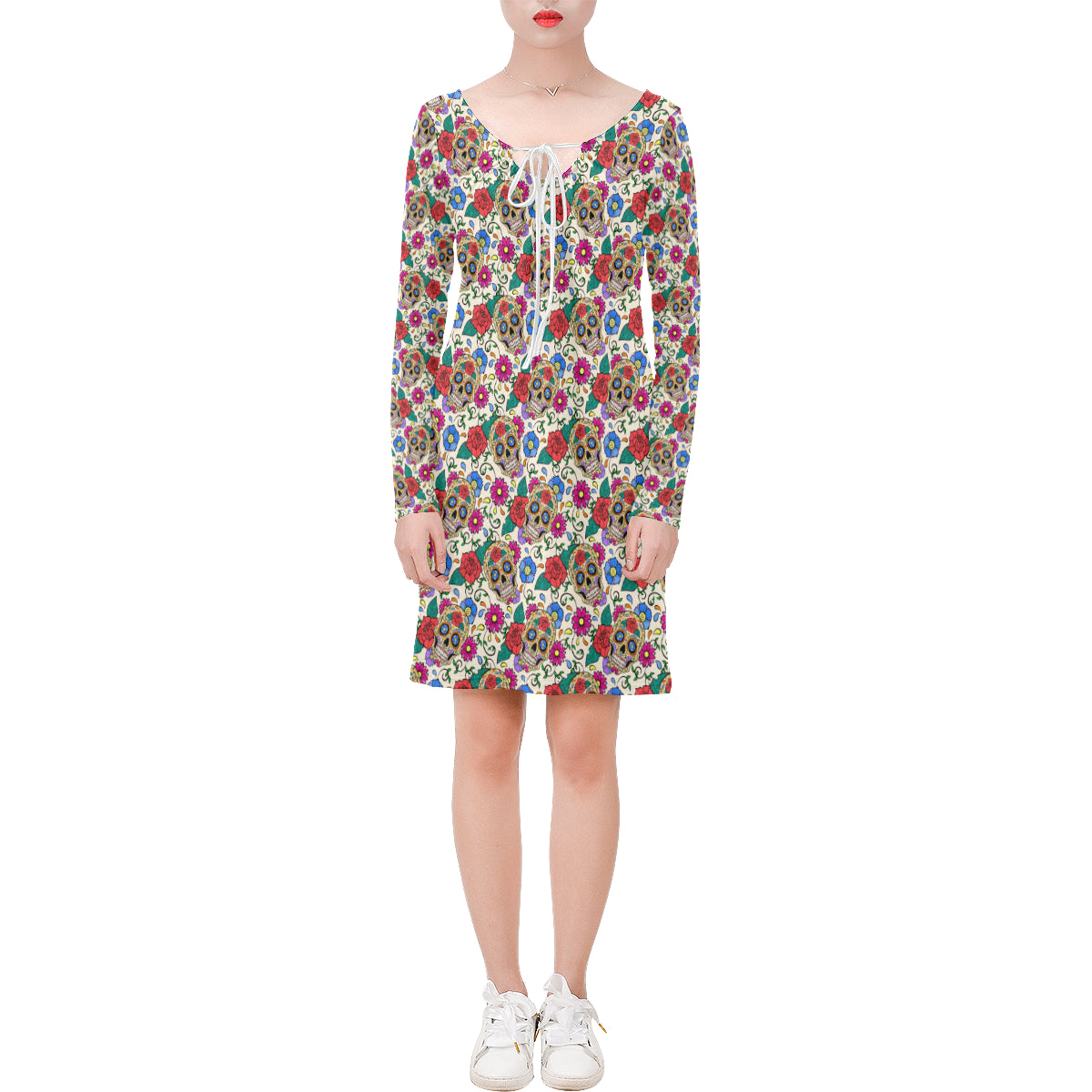 Sugar Skull Colorful Themed Print Long Sleeves Dress Donuink Store