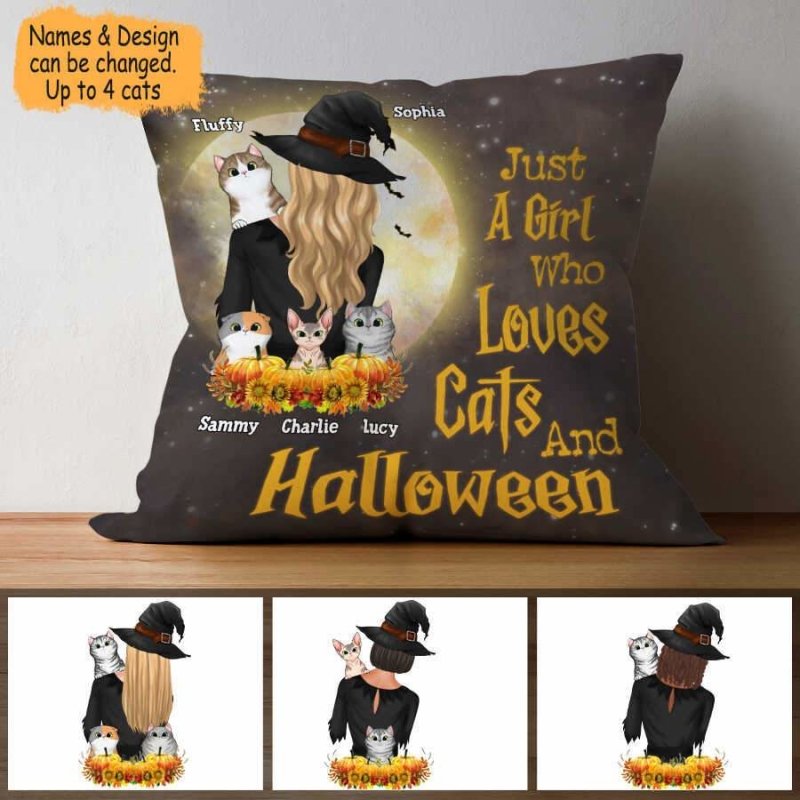 A Girl Loves Cats And Halloween Personalized Pillow For Cat Mom