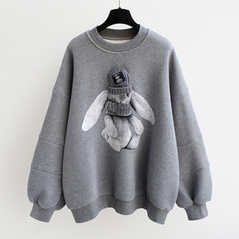 2022 Spring New Korean Women’s Loose Printing Rabbit Sweatshirts Autumn And Winter Long Thick Pullovers Large Size 2XL alx