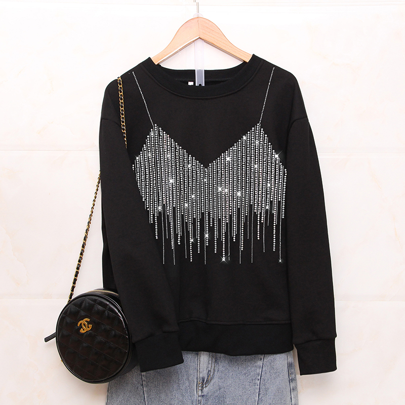 Autumn New Black Fashion Loose Sweatshirts female Creativity Sling pattern Hot diamonds Casual Round neck women tops pullovers alx