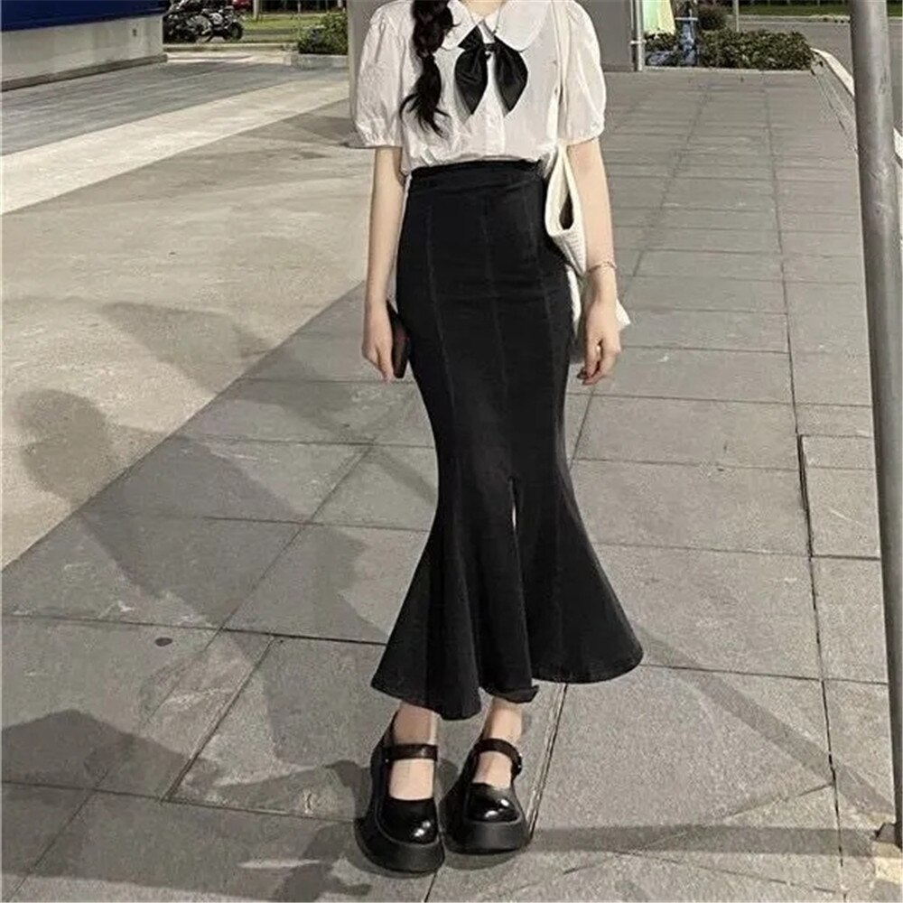 Y2k Vintage Wrap Hip High Waist Black Denim Skirts Women Mermaid Split Plus Size Korean Streetwear Trumpet Wild Sexy Jean Skirt alx