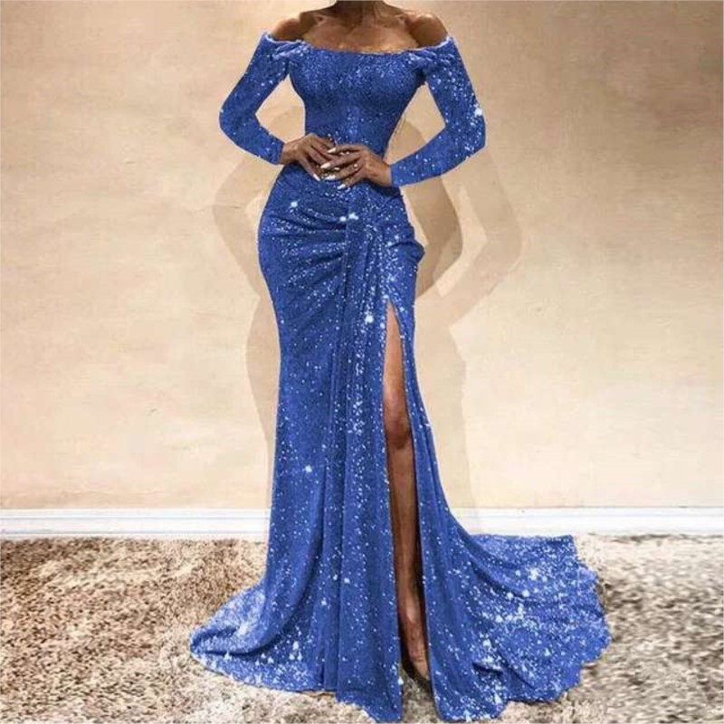 2022 Girls Sexy Boat Neck Off Shoulder Sequined Evening Gowns Side Split Mermaid Dress Long Dresses alx