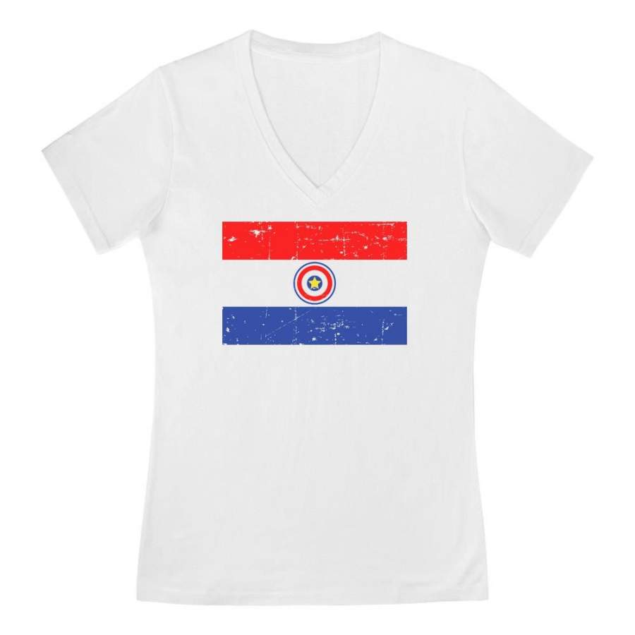 Paraguay Vintage Flag V-Neck Fitted Women T-Shirt