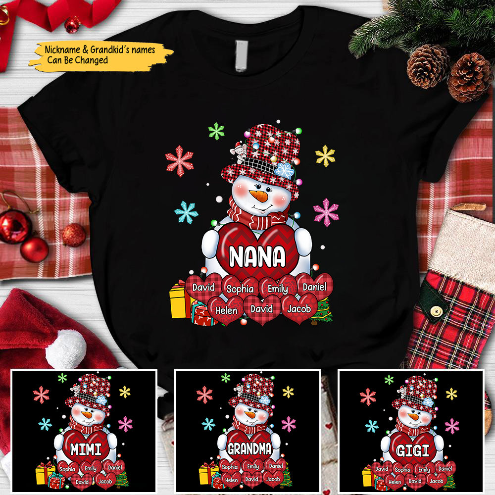 Custom Grandma Mom Snow Heart Christmas Shirt, Custom Christmas Mom Nana Mimi Shirt With Kidnames, 2022 Christmas Snowman Grandma Shirt