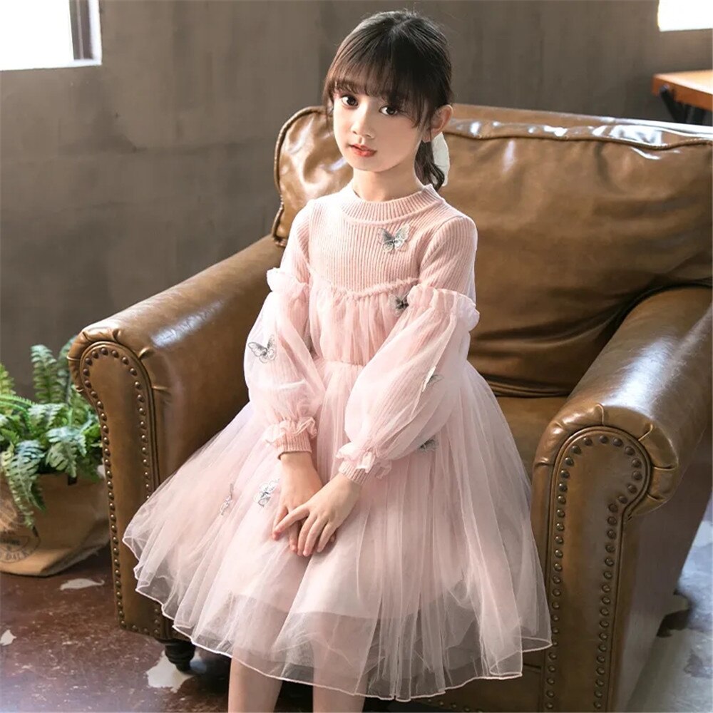 Spring & Autumn Girls Dresses 2022 Korean Version Butterfly Princess Dress Childrens Clothing Teenagers Splicing Gauze Skirt alx