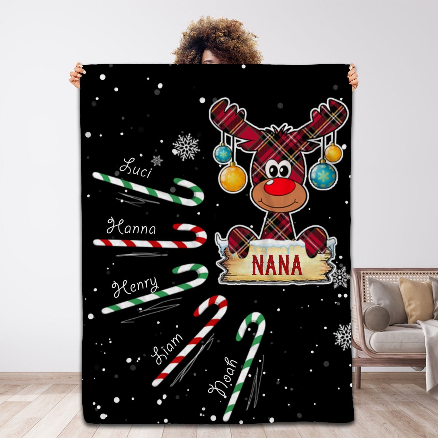 Personalized Fleece Blanket For Grandma Nana Reindeer & Candy Cane Printed Red Buffalo Plaid Design Custom Grandkids Name