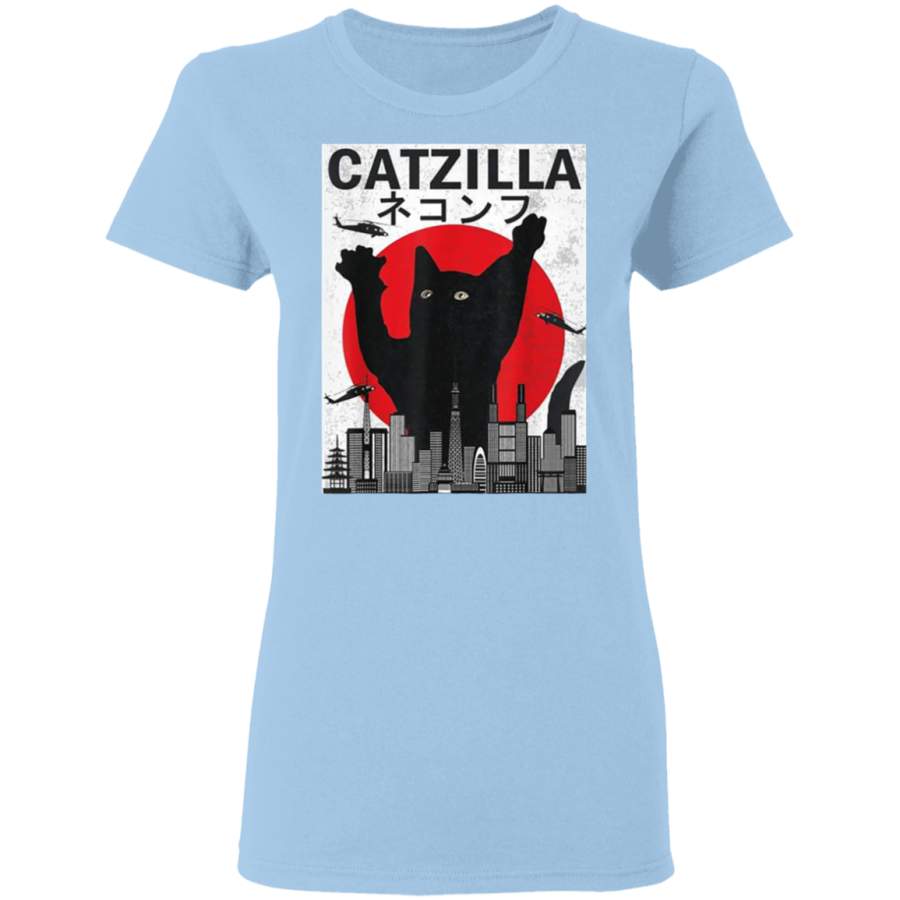 Vintage Catzilla Japanese Sunset Angry Cat Kitten Lover Ladies T-Shirt