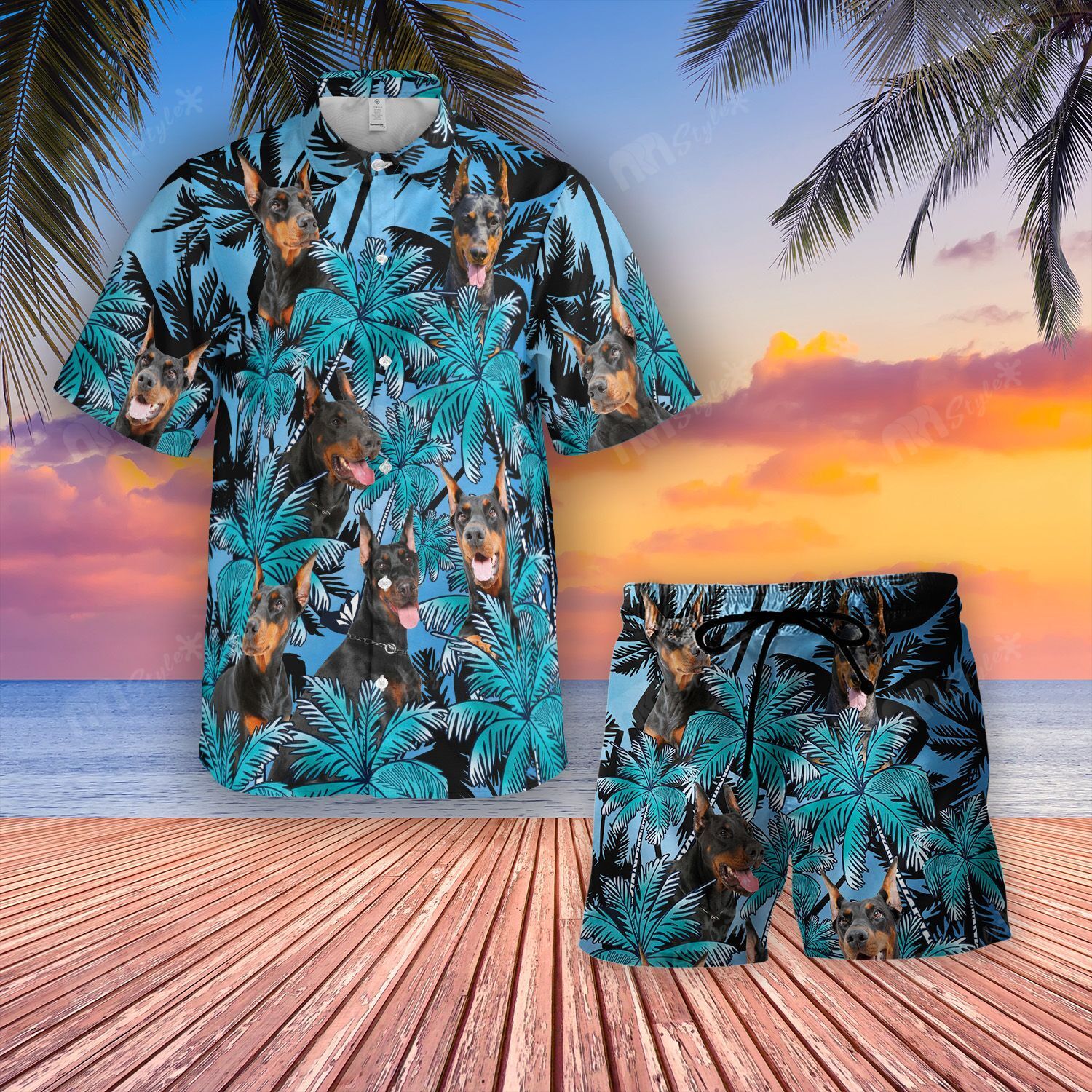 Hawaiian Shirt Short Doberman Leaves Tropical Ha38645