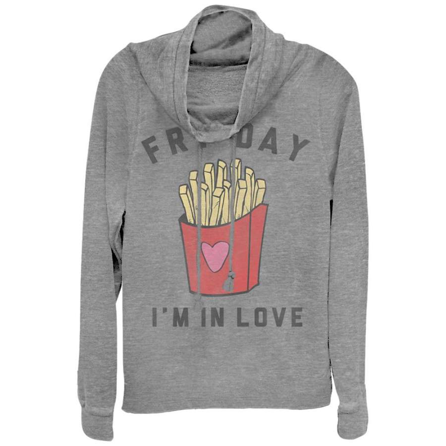 CHIN UP Junior’s Fry Day In Love  Cowl Neck Sweatshirt Gray Heather