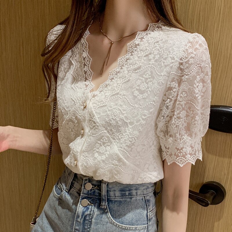 White Lace Hollow Out Embroidery Women Blouse Shirt Elegant V-neck Short Sleeve Female Tops Office Lady Casual Shirt alx