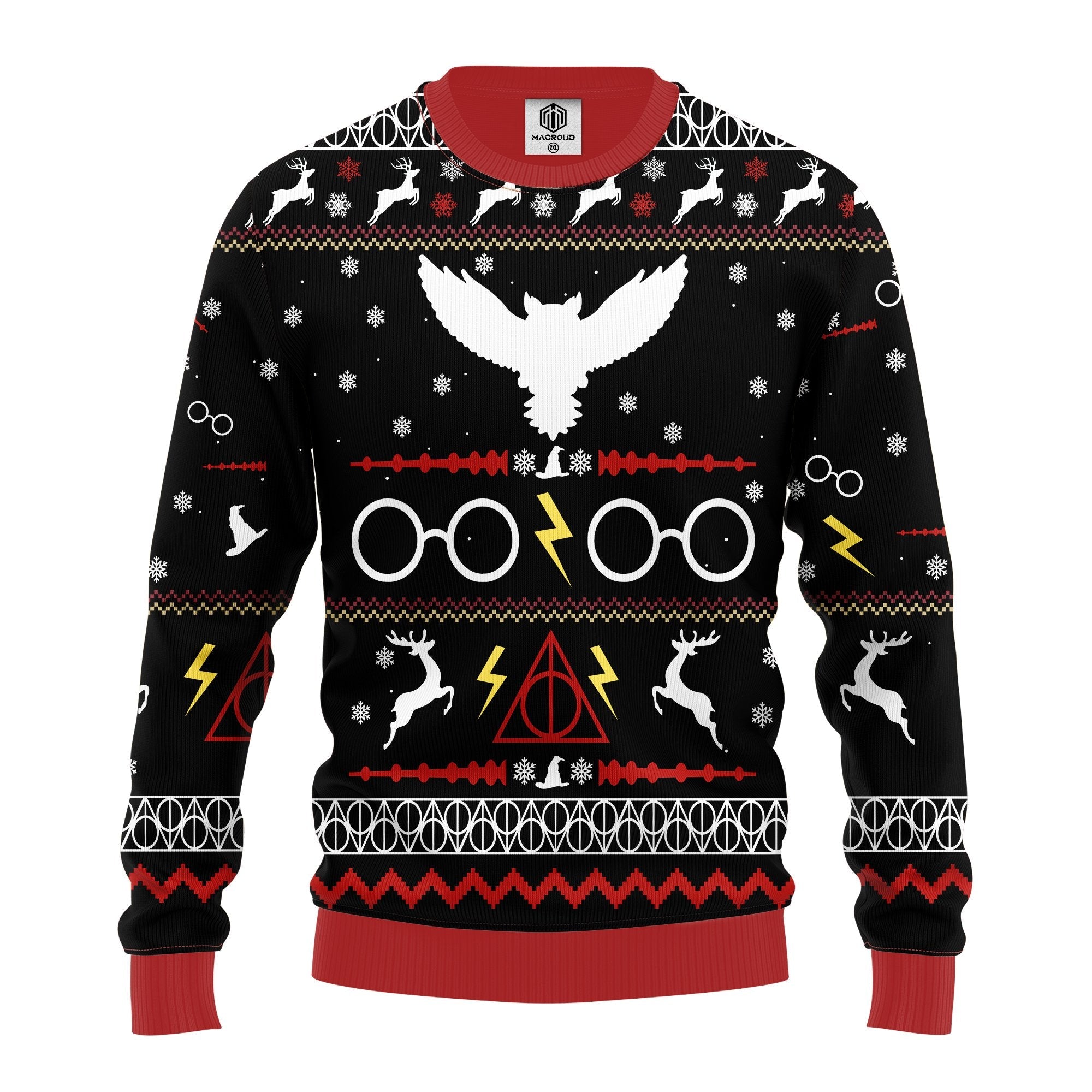 Unifinz Hp Christmas Sweater Hp Owl The Deathly Hallows Symbol Black Red Ugly Sweater 2022