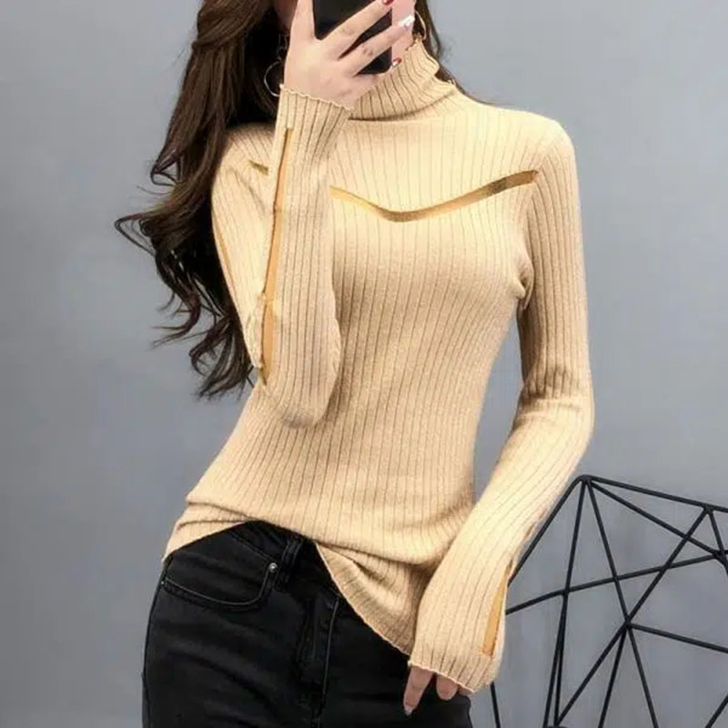 Xpqbb Women Turtleneck Sweater Fashion Bright Slim Fit Long-Sleeve Knitted Sweaters Woman Sexy See Through Mesh Spliced Pullover alx