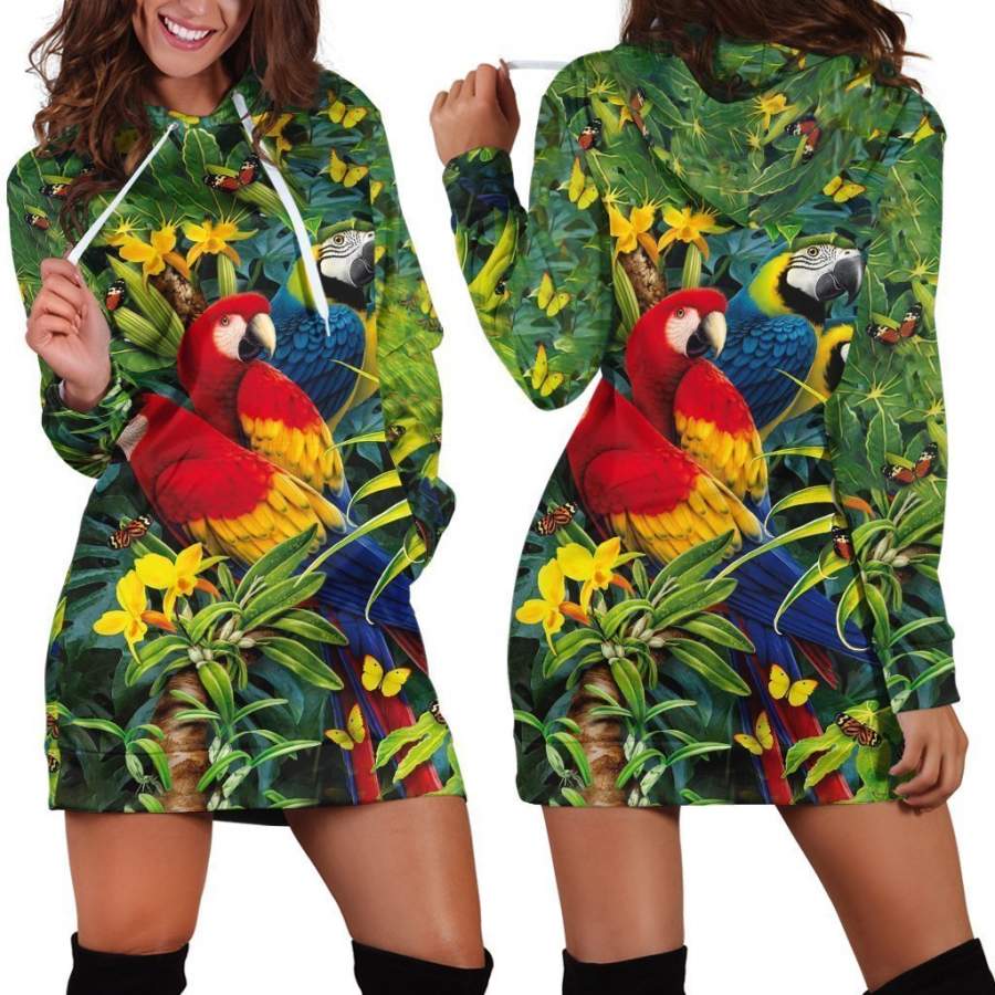 All Over Printed Parrots Hoodie Dress H146B