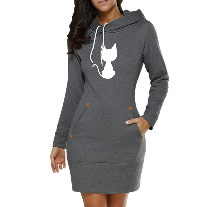 Women Long Fleece Hoody Dress Cat Graphic Casual Sweatshirts Harajuku Style Crew Neck Plus Size Pullover Tracksuits 2021 New alx