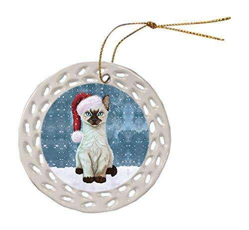 Let It Snow Christmas Holiday Siamese Kitten Cat Wearing Santa Hat Ceramic Doily Ornament D031