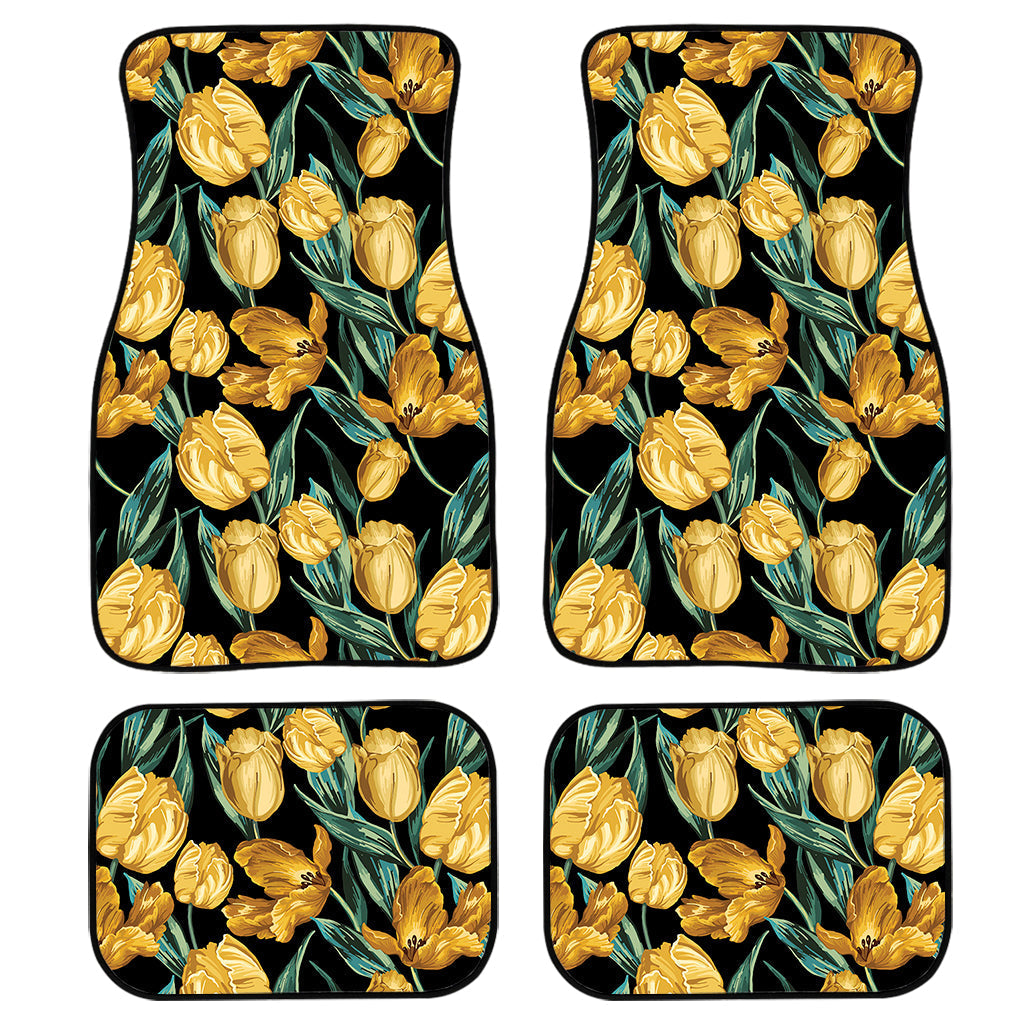 Yellow Tulip Floral Pattern Print Front And Back Car Floor Mats, Front Car Mat