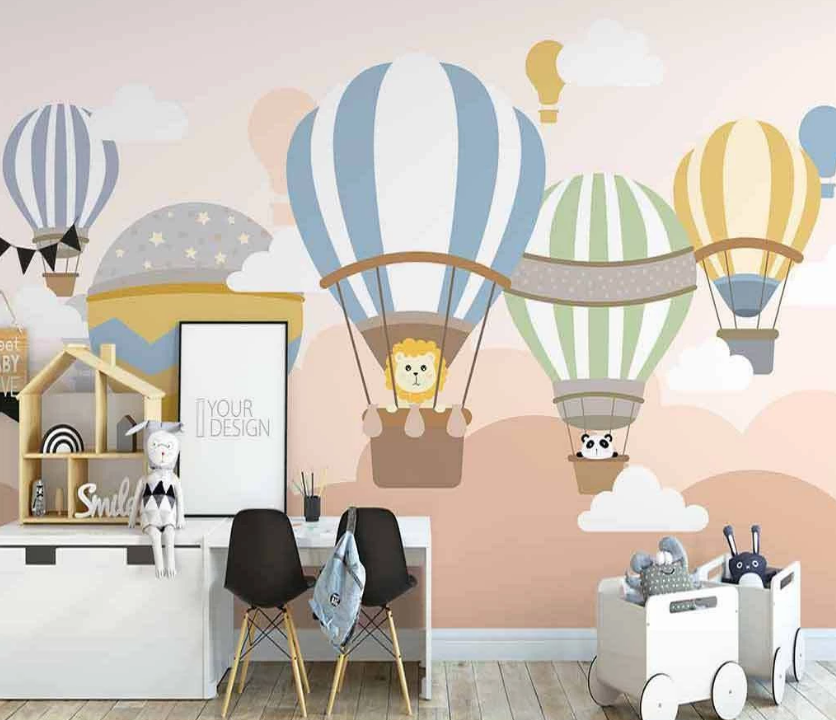 3D Cartoon Colorful Hot Air Balloon Lion Panda Animal Cloud Wall Mural Wallpaper Lxl