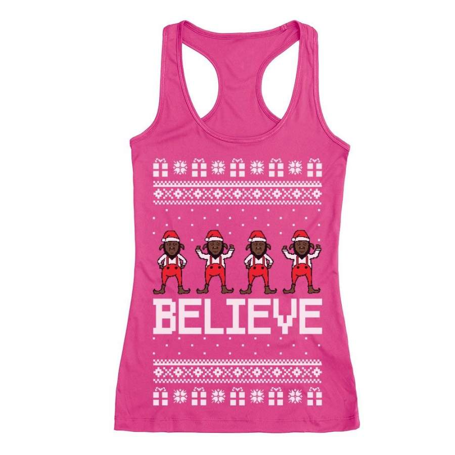 Believe Black Santa Elves Ugly Christmas Sweater Racerback Tank Top