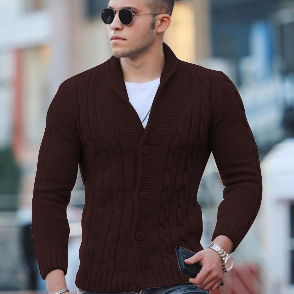 Autumn Winter Men’s Warm Knitted Sweater Solid Single-breasted Twisted Texture Cardigan Lapel Slim Buttoned Thick Sweater Male alx