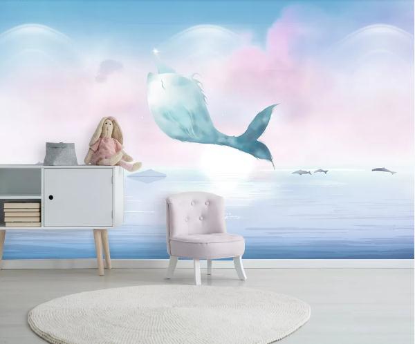 3D Cartoon Dolphin Pink Wall Mural Wallpaper 65