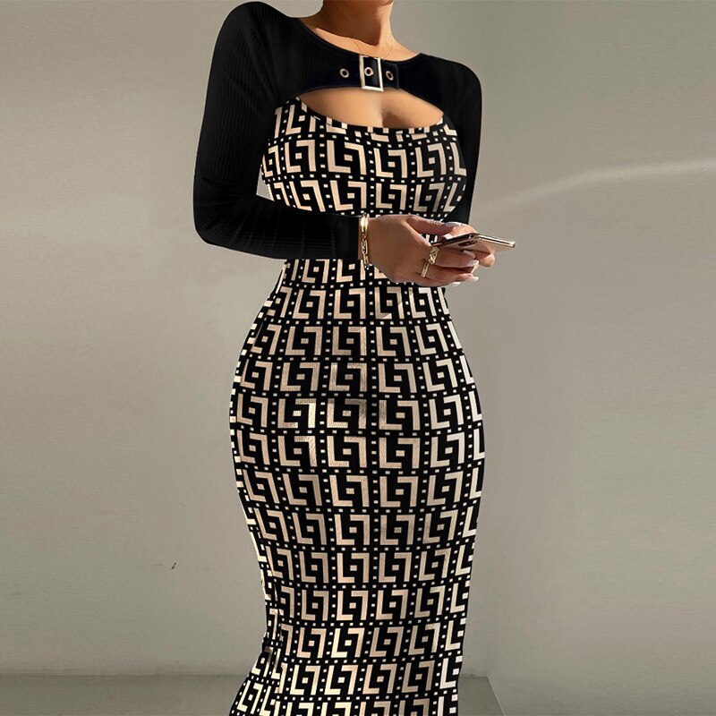 Women Sexy Hollow Glitter Bodycon Dress 2022 Autumn Casual Long Sleeve Solid Club Party Dress Spring Elegant Skinny Long Dresses alx