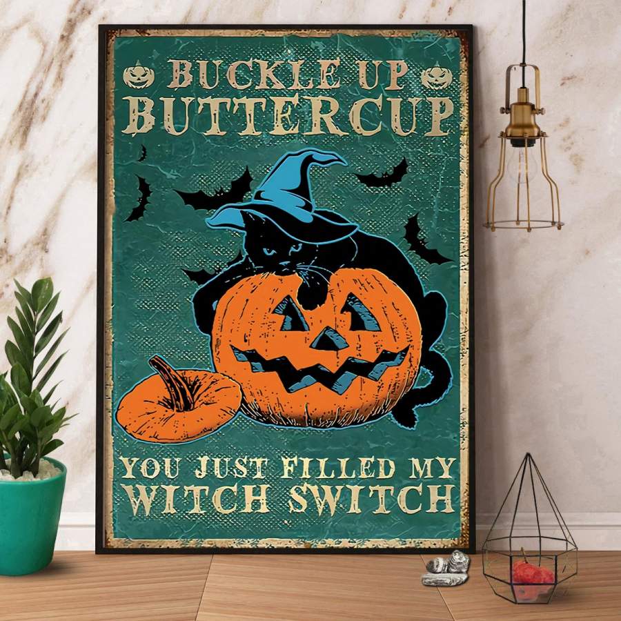 Black cat buckle up buttercup halloween pumpkin paper poster no frame/ wrapped canvas wall decor full size