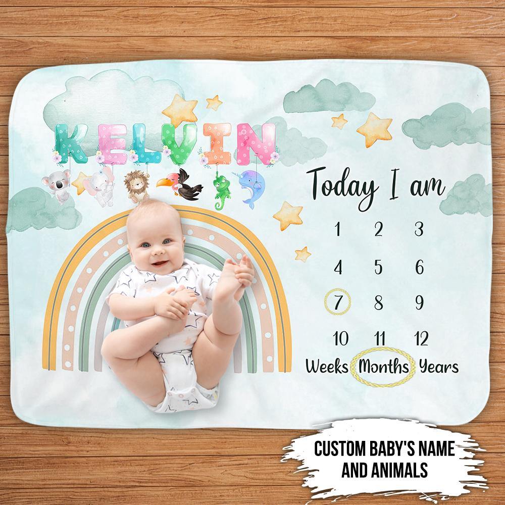 Alphabet Animal Name Milestone Personalized Fleece Blanket For Baby