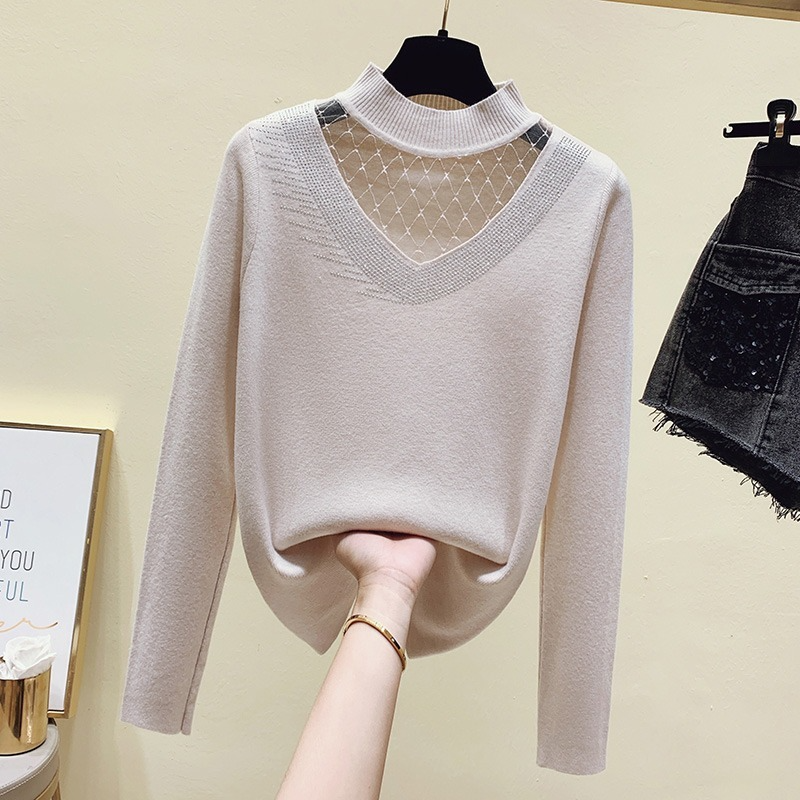 Women’s autumn v neck sweater sweater mesh stitching knit sweater top Solid all-match casual pullover sweater 16509 alx