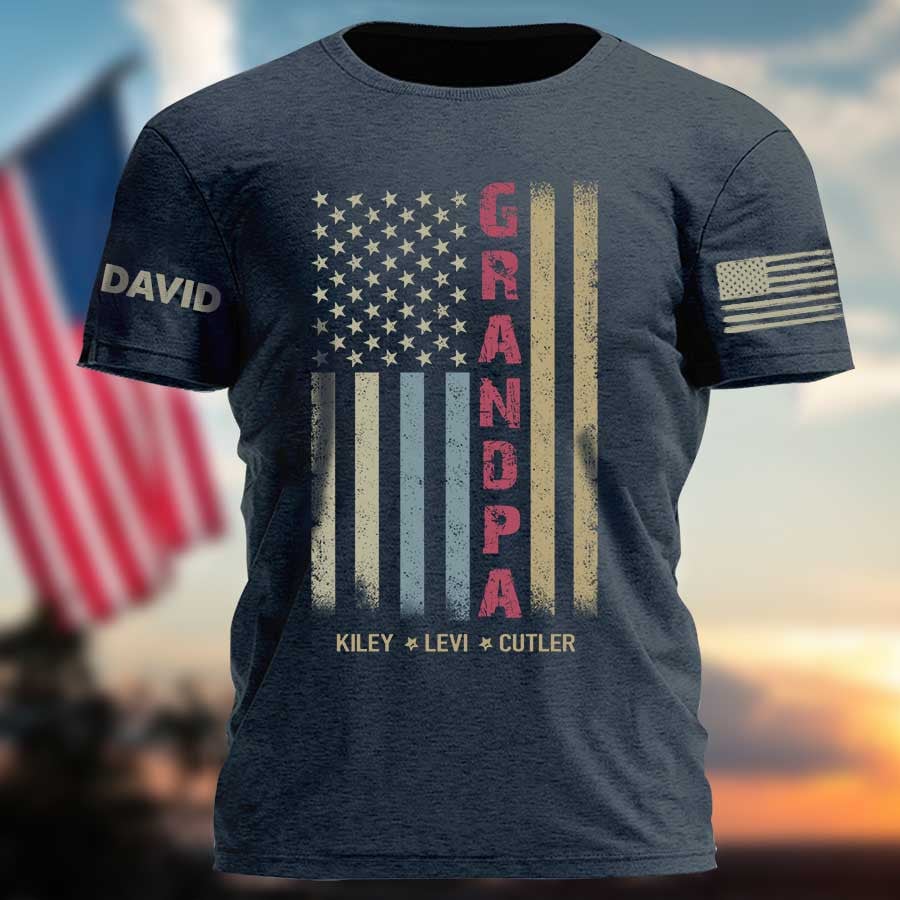 Personalized Vintage Grandpa With Grandkids American Flag, 4Th Of July Papa T Shirt, Custom Name On Sleeves