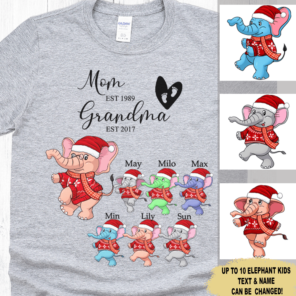 Mom Est Grandma Est Elephant Christmas Grandma Mom Shirt