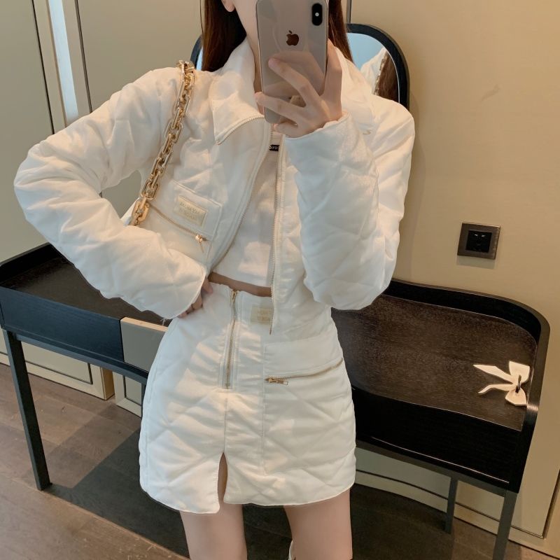 Turn Down Collar Parkas Jacket Argyle Coat Mini White Irregular Skirt Two Piece Sets Womens Outifits 2022 Autumn Winter Clothes alx