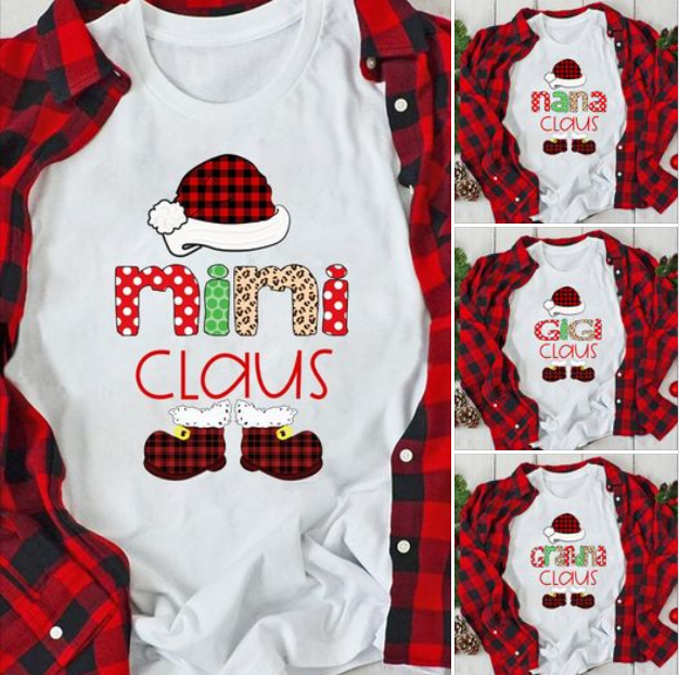 Personalized T-Shirt For Grandma Santa Hat & Shoes Printed Mimi Claus Leopard Design Christmas Shirts